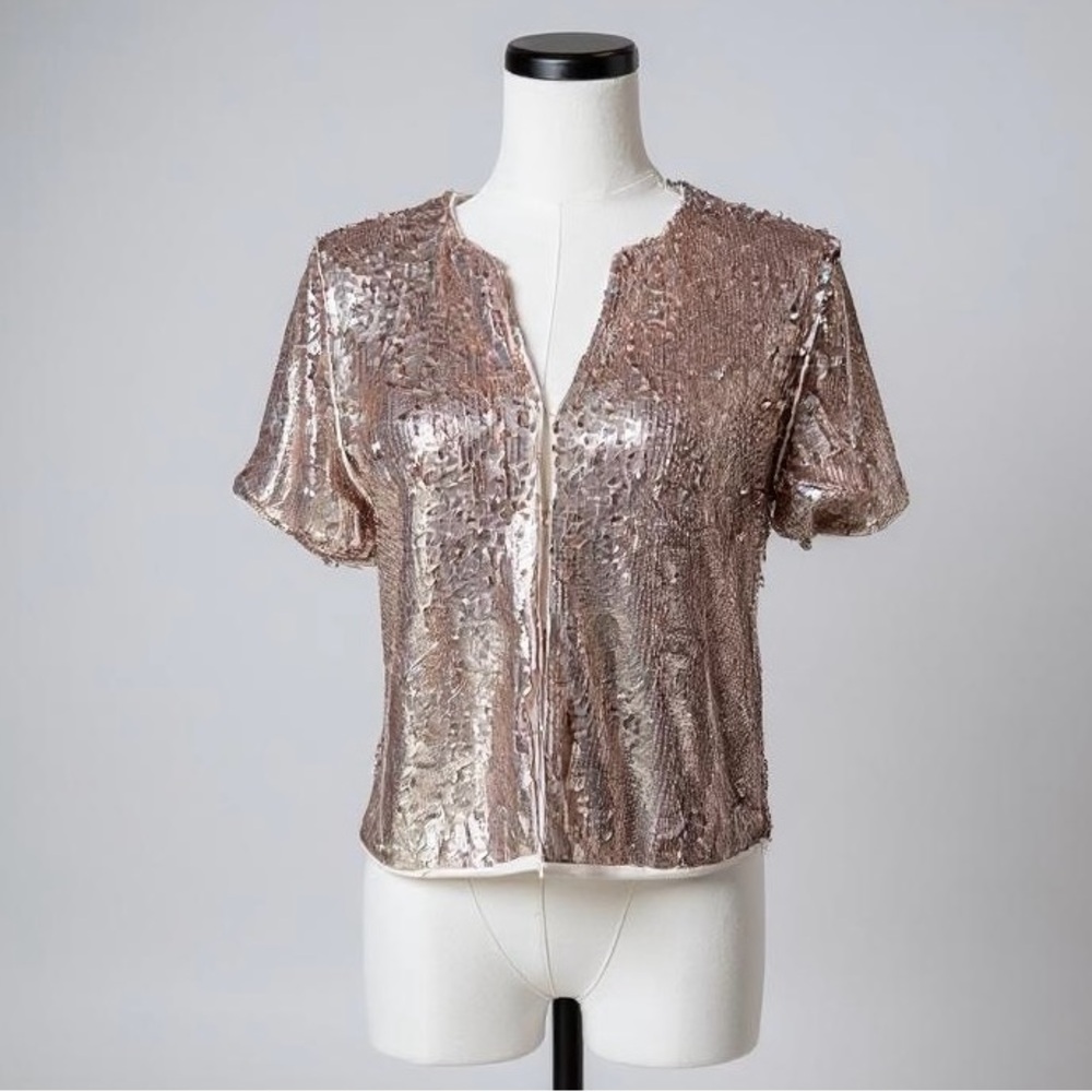 Moon River Gold Sequin Short Sleeve Open Front Shirt Top Cover Small Going‎ Out